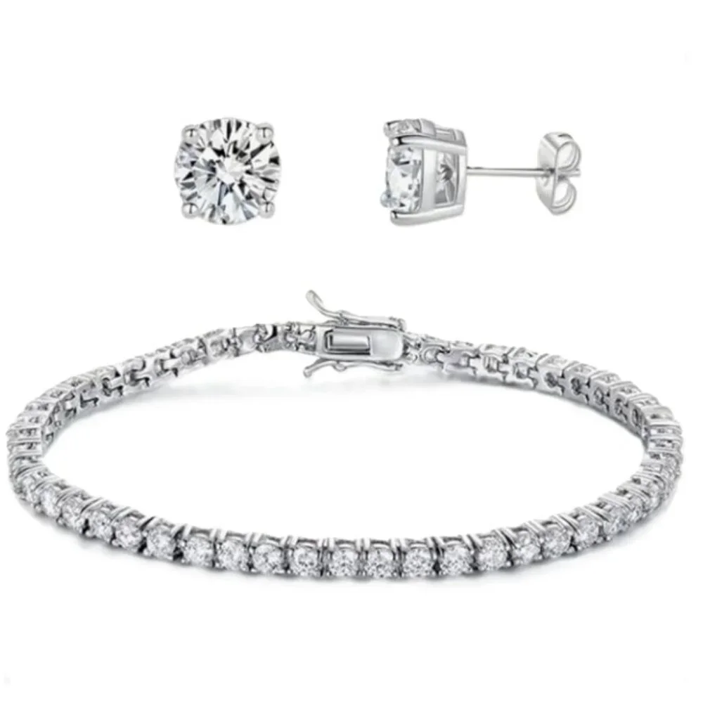 18k Rhodium Electro-Plated Tennis Bracelet & Earring Lab Created Cubic Zirconia